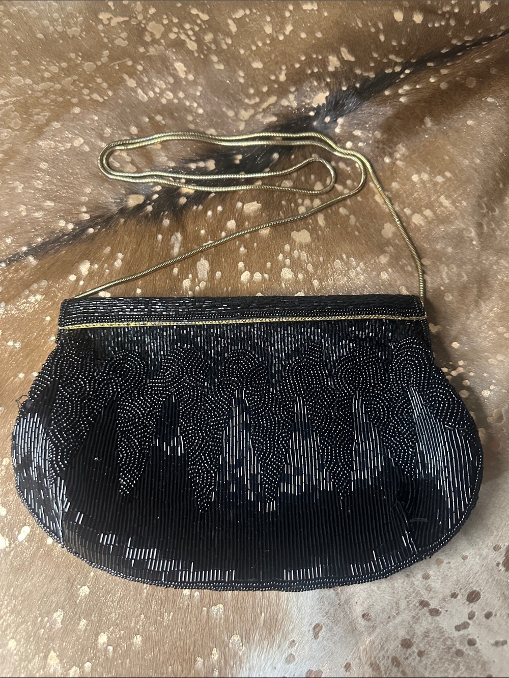 VINTAGE La Regale Black Beaded Evening clutch with Gold Chain